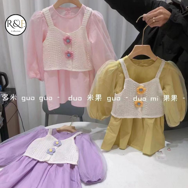 Set Dress Anak dengan Vest Rajut Bunga