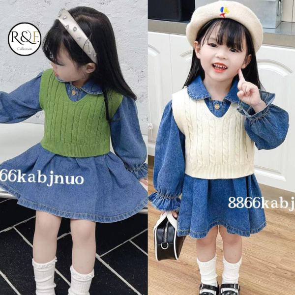 Setelan Dress Denim dengan Rompi Rajut