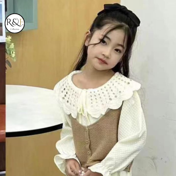 Blouse Anak dengan Kerah Renda Crochet & Vest Rajut